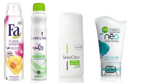 דאורדורנט קרם נאו גרנייה | 30 ש"ח, דאורדורנט לעור רגיש של סבוקלם | 50 ש"ח, דאורדורנט ספריי נושם לאחר גילוח של קרליין | 19.90 ש"ח, דאורדורנט ספריי של פה | 19 ש"ח