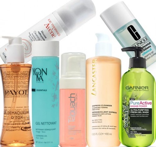 מימין לשמאל ובכיוון השעון: ג'ל ניקוי של קליניק (195 ש"ח), ג'ל ניקוי מטהר של גרנייה (30 ש"ח), תרחיץ פנים לנקסטר אקספקס (99 ש"ח), סבון רימונים של תפוח, ג'ל ניקוי פנים של יונקה פריז (235 ש"ח), ג'ל ניקוי של פאיוט (79 ש"ח) ומוס ניקוי של אוון (130 ש"ח). צילומים: יח"צ