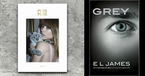 מימין: "50 גוונים של אפור" מנקודת מבטו של כריסטיאן גריי. משמאל: מגזין האופנה והחתולים Puss Puss, מחיר: 12 פאונד (8 פאונד משלוח לישראל) | צילום: אתר רשמי
