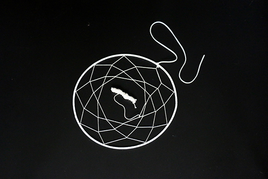 שלב 3 + 4: המשיכו להשחיל במעגלים פנימיים, הולכים וקטנים. אפשר להיעבר בחוט ומחט עבה. בסיום יש לחזק ולקשור