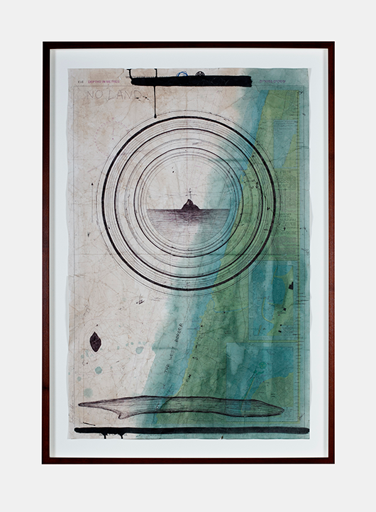 "הגבול המערבי", מפה מס' 9, 2015, טכניקה מעורבת על מפת ניווט ימי של חופי ישראל, 100X70 ס"מ  | צילום: דור אבן חן