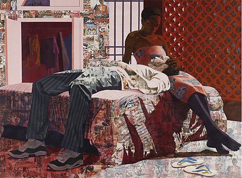 Nwantinti, שנת 2012, קולאז', פחם, אקריליק ועפרונות צבעוניים על נייר, 244X170 ס"מ | צילום באדיבות האמנית Njideka Akunhili Crosby ו-Marc Bernier