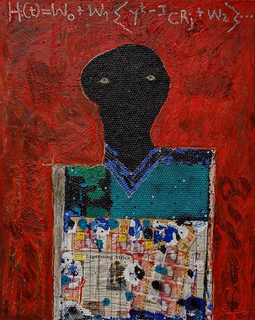 Adjani Okpu Egbe | דיוקן עצמי כזן בסכנת הכחדה, 2016, טכניקה מעורבת על בד, 122X162 ס"מ | באדיבות האמן ומוזיאון תל אביב לאמנות