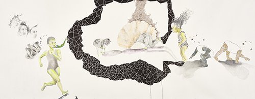 Chasing relentlessly after fading things - The Birth of BLACK, audre marries its indigenous self - Shadows validate existence (ada and Twin find ground), 2014, דיו, עטים, העברה צילומית וקולאז' על נייר, 528.5X203  ס"מ | באדיבות האמנית Ruby Onyinyechi Amanze וגלריה Goodman, קייפטאון ויוהנסבורג