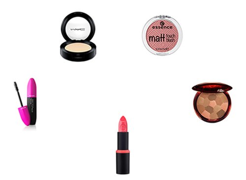 בכיוון השעון: סומק Matt Touch אסנס 14 ש"ח, ברונזר טרקוטה גרלן 56 ש"ח, שימר Cream Colour Base של MAC מחיר 112 ש"ח, מסקרה Ultra Volume רבלון 69.90 ש"ח, שפתון Longlasting גוון 01 אסנס 14 ש"ח.