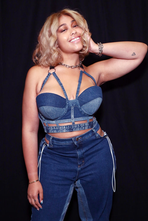 NEW YORK, NY - SEPTEMBER 08:  Model Jordyn Woods poses at Chromat - Backstage during New York Fashion Week at Gallery 3, Skylight Clarkson Sq on September 8, 2017 in New York City.  (Photo by Astrid Stawiarz/Getty Images for Chromat)