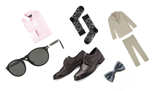 מימין לשמאל עם כיוון השעון: חליפה של: COS, גרביים:Happy Socks לסטורי, חולצה: Celio, משקפי שמש: פרסול, נעליים: Fiocco Nero, פפיון: רנואר גברים