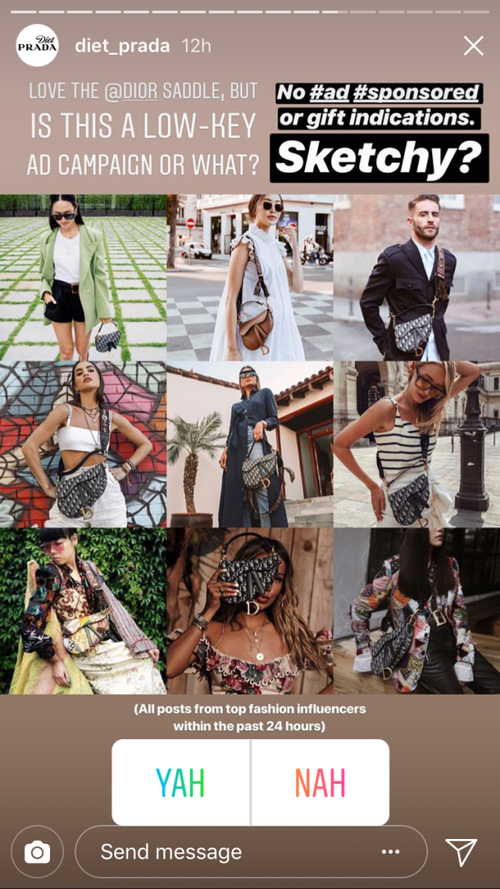 תיק האוכף של דיור מעורר סערה: צילום מסך מתוך הסטורי של חשבון האינסטגרם @diet_prada