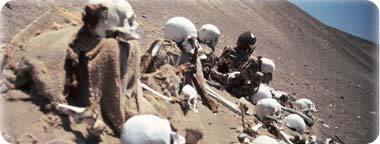 שלדים, גולגלות וחלקי גופות בצ'אוצ'ילה שסודרו מחדש על ידי שודדי קברים.